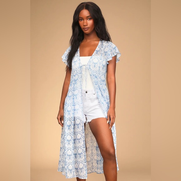 Tender Times Light Blue Floral Print Tie-Front Duster - Picture 3 of 6